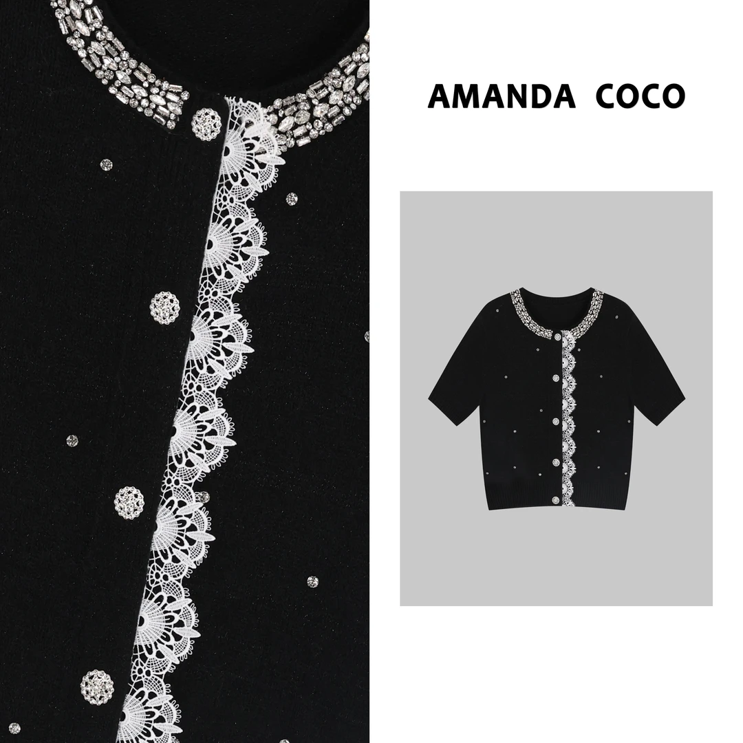 静静 | 法式浪漫~高定重工串钻气质拼接蕾丝短袖毛衣