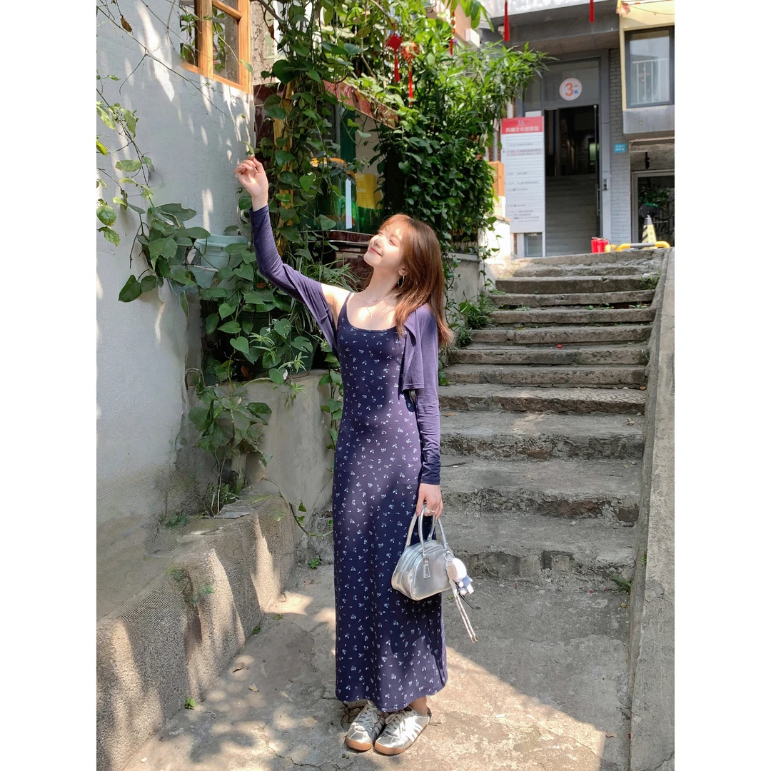 切糕自制【南柯一梦】小个子春季春游碎花连衣裙百搭小众开衫套装