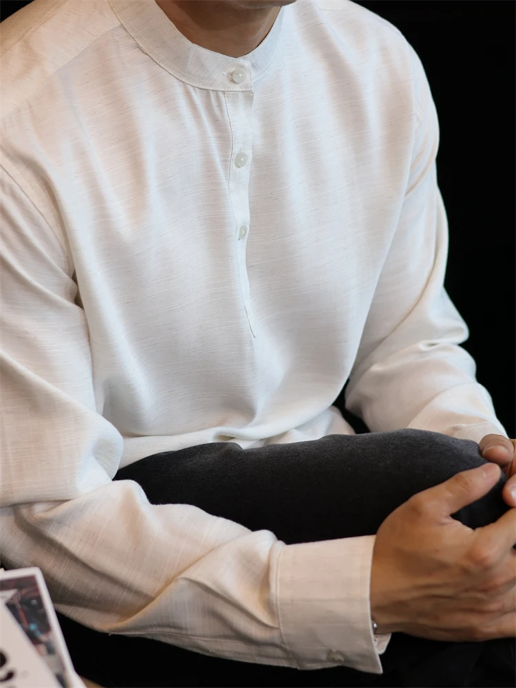 简素Design垂感亚麻新中式立领休闲衬衫男宽松通勤薄款防晒衬衣秋