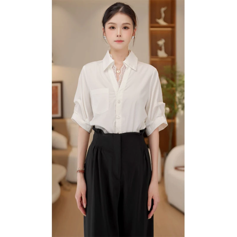 雪er【溪亭日暮】夏季新品蕾丝拼接短袖衬衫女纯色上衣WZ1718034