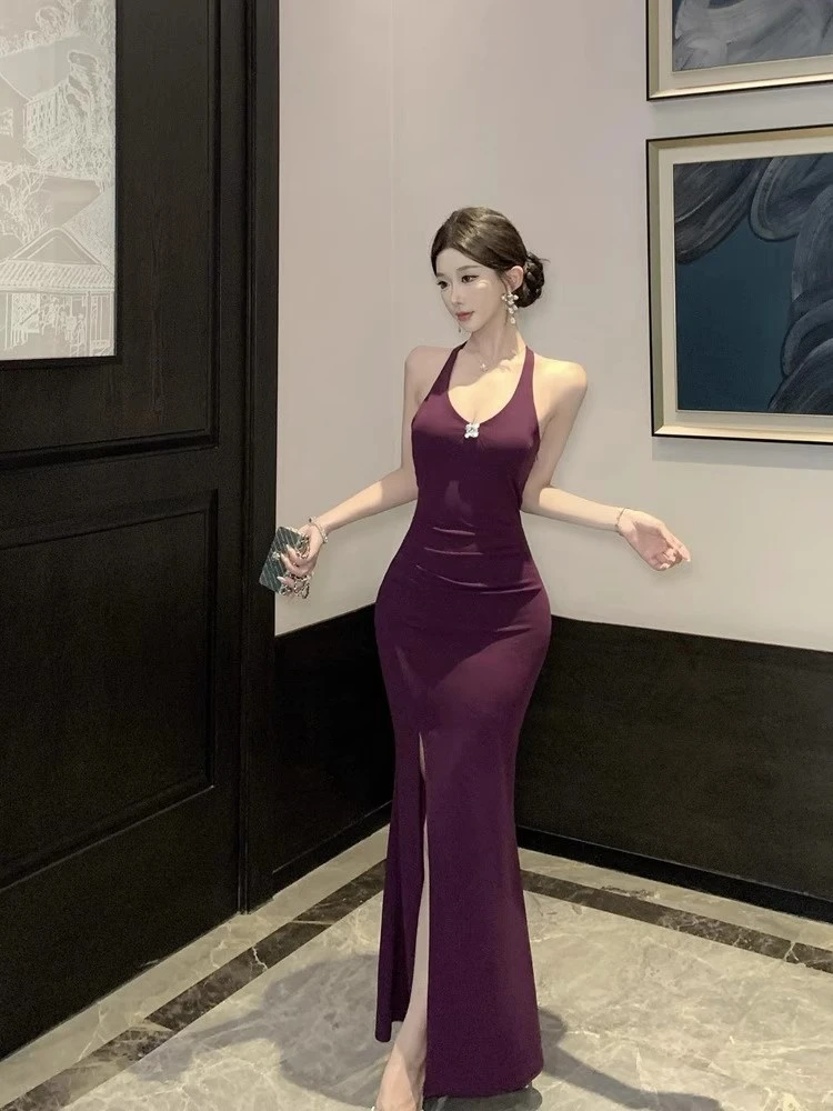 紫色法式夏季链条收腰露背连衣裙新款纯欲风修身礼服长裙开叉裙子