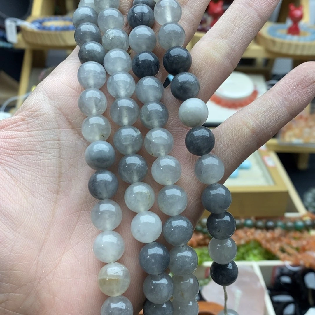 玛瑙/玉髓未镶嵌珠宝半成品一条天然10mm云雾灰水晶C108