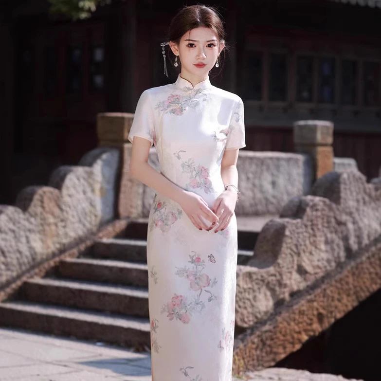 2025春夏新款 仿醋酸提花缎中长旗袍双层短袖低开叉国风旗袍现货