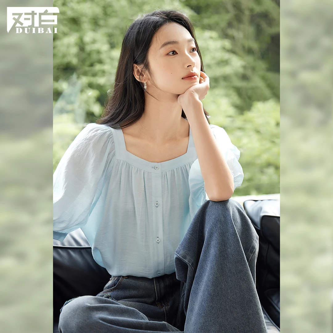 对白法式方领短袖衬衫女夏季2025新款雪纺衫优雅减龄泡泡袖薄上衣