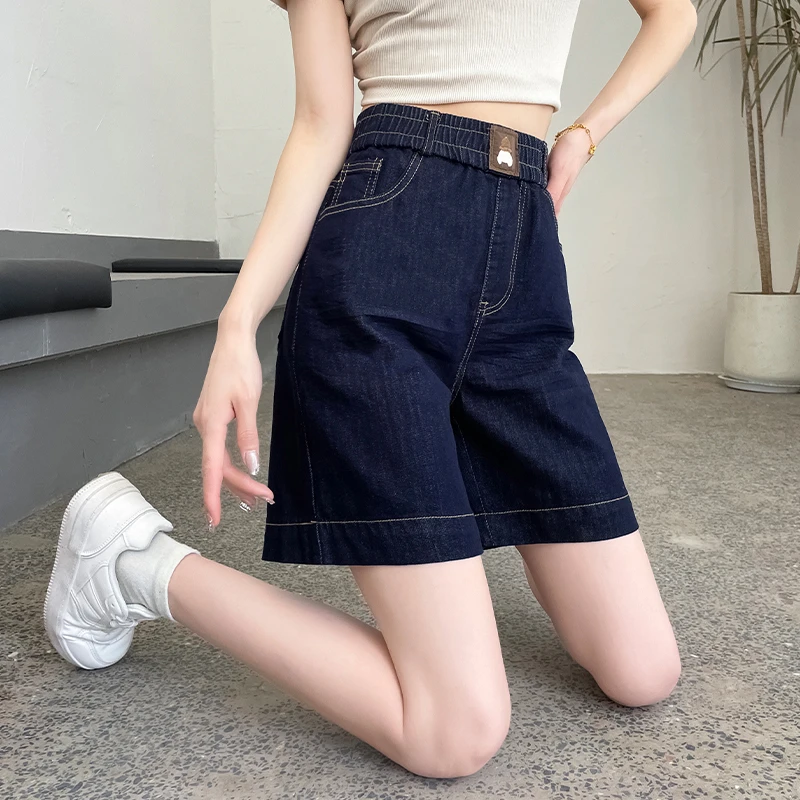 防掉色5分牛仔裤女短裤松紧腰夏季薄款大码高腰宽松a字阔腿直筒裤