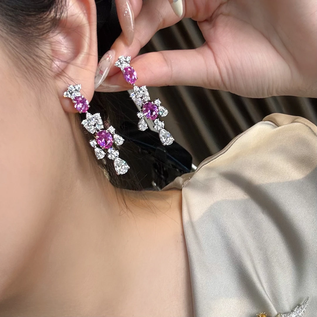 培育蓝宝石E2462 新款镶嵌粉色时尚豪华精致长款耳坠