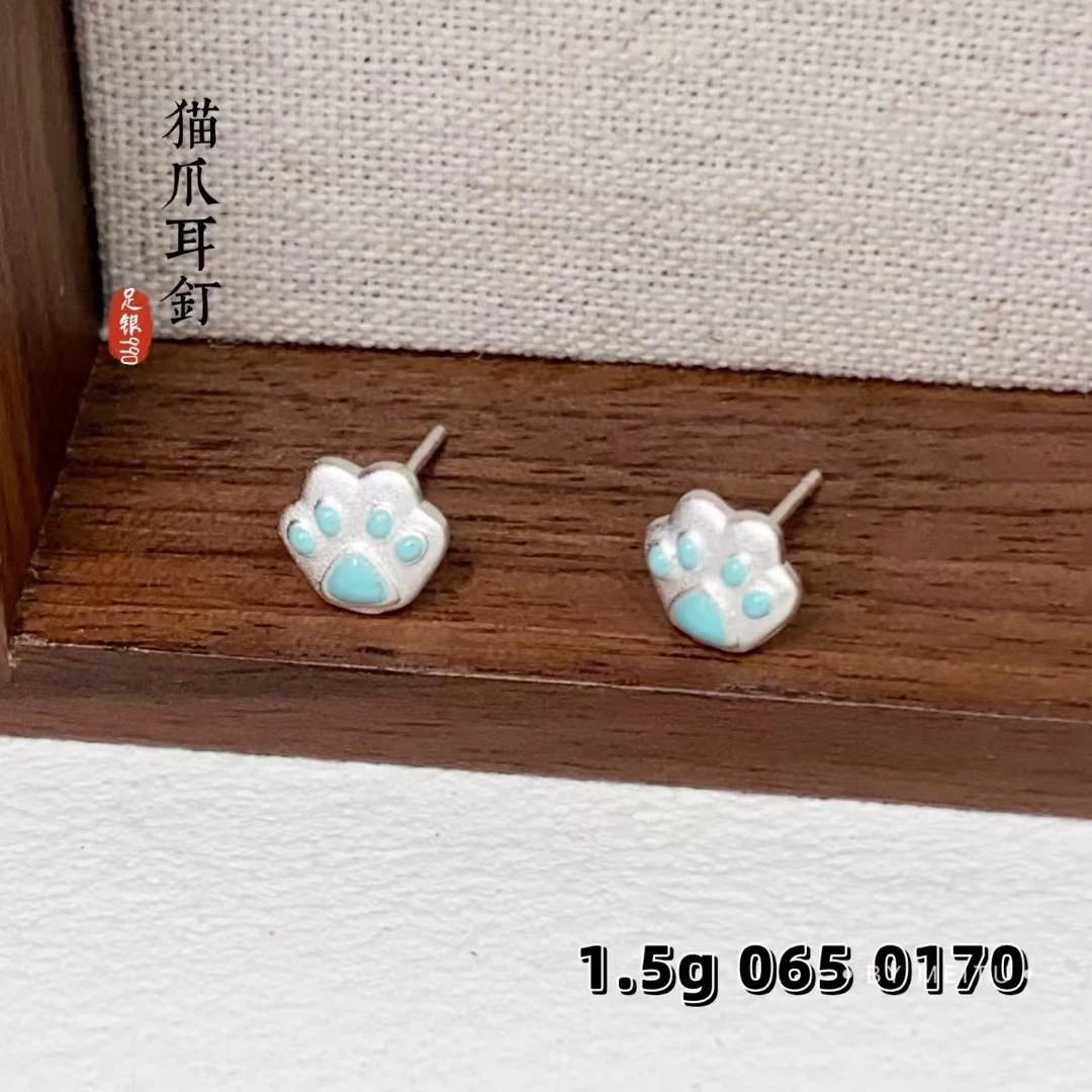 足银耳饰 足银990猫爪耳钉