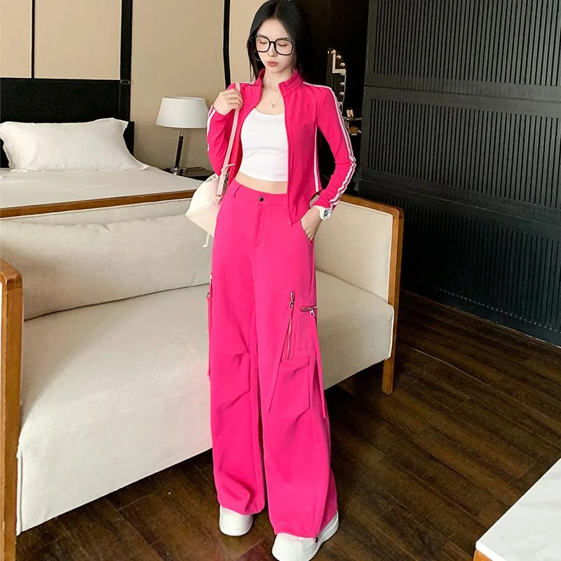 美式休闲运动套装女春季新款显瘦减龄修身辣妹外套工装裤两件套