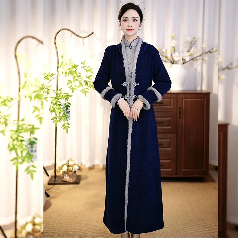 【XM188】2025秋冬新款保暖气质时尚防风旗袍搭配长款外套加厚纯色