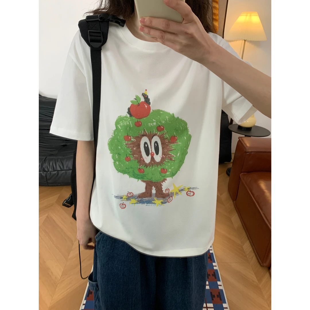 小众趣味卡通苹果树印花短袖T恤夏季ins高级感别致设计感显瘦上衣