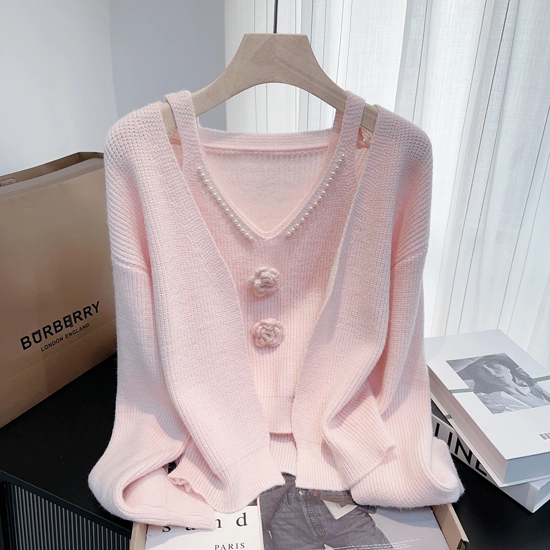 粉色甜美立体花朵毛衣套装女装秋季小众漂亮针织开衫吊带时尚套装