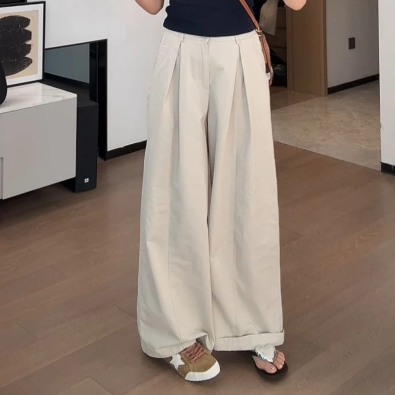 夏季韩版新款直筒宽松阔腿裤收褶慵懒风休闲裤LK2505043