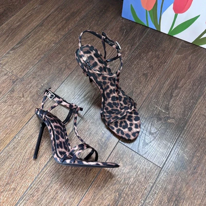 春夏新款豹纹凉鞋女细跟一字带露趾性感细带罗马超高跟鞋