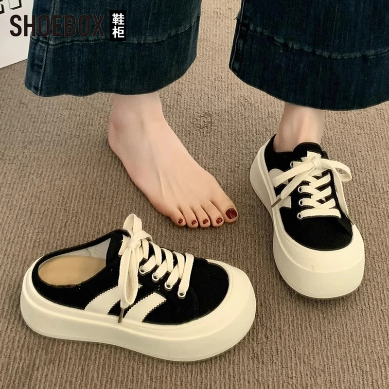 达芙妮集团旗下厚底包头半拖鞋女夏外穿2025新款一脚蹬懒人帆布鞋