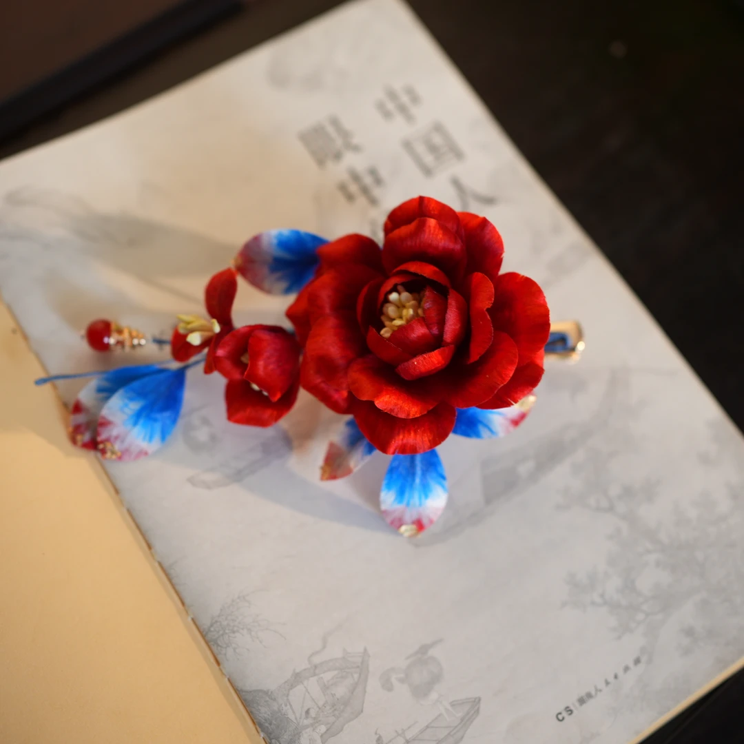 【牡丹花发夹】红色 非遗绒花工艺  国风仙女百搭日常款
