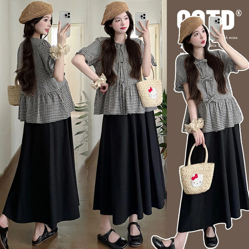 【安安】孕妇装夏季减龄格子上衣+半身裙时尚款气质孕妇娃娃衫夏装