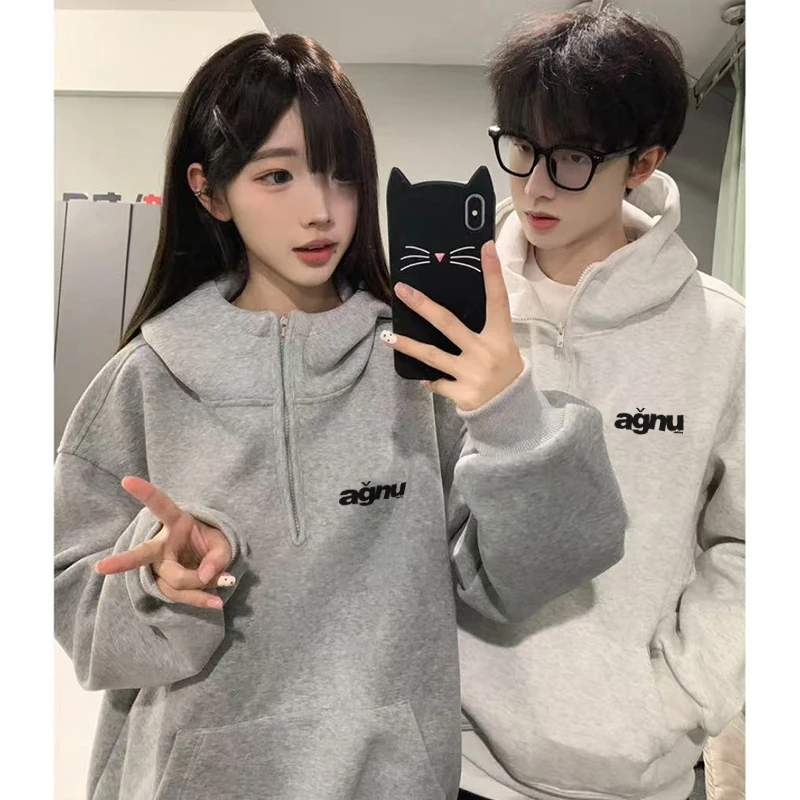 美式简约字母印花半拉链连帽卫衣男女秋冬季潮牌百搭宽松情侣外套