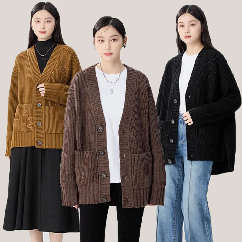 【商场同款】V领针织开衫早春新款百搭宽松绣花单排扣毛衣女1499258