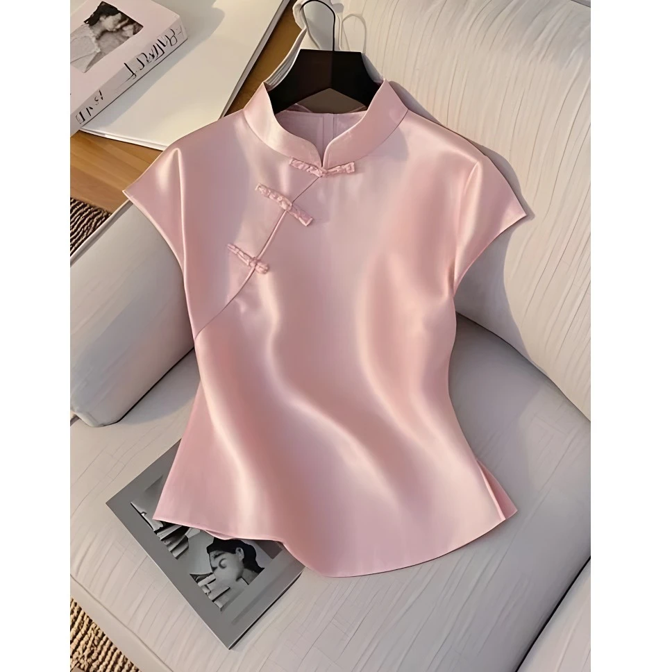 2025夏季新款新中式轻奢上衣超好看独特漂亮减龄高级感粉色短袖女