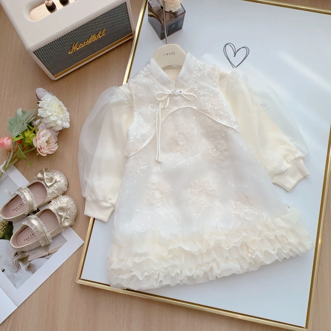 2025春季洋气百搭韩版国风中式旗袍公主裙女童连衣裙H-19397