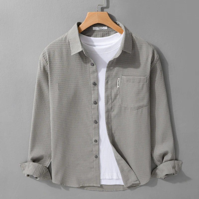日系简约华夫格清新长袖衬衫男士休闲百搭文艺宽松上衣男装