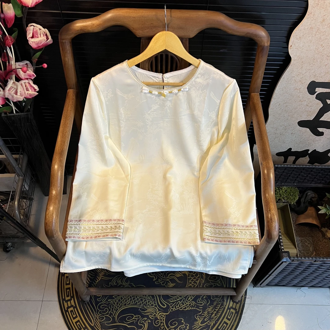 猫家YZM新中式国风时尚百搭春款提花打底上衣6620