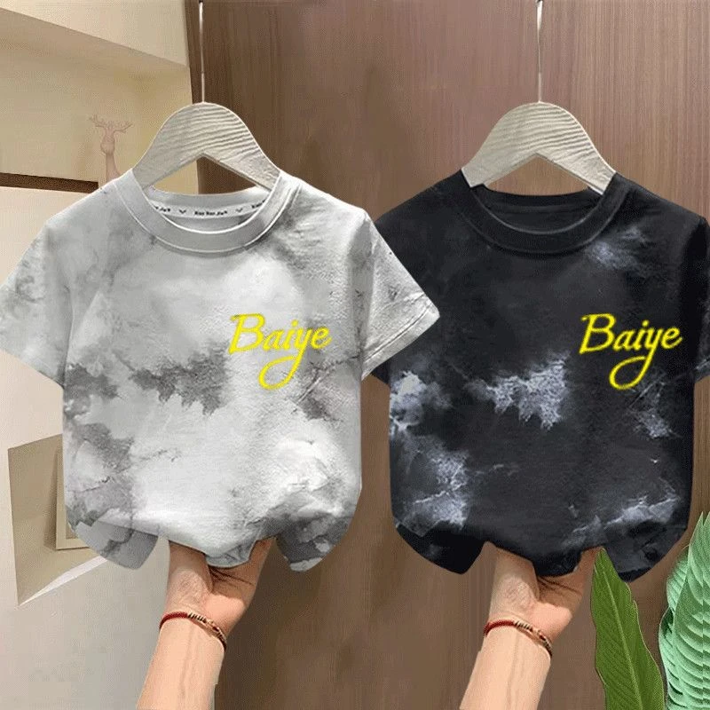 夏季新款纯棉短袖男童女童宝宝扎染帅气韩版百搭洋气儿童宝宝上衣