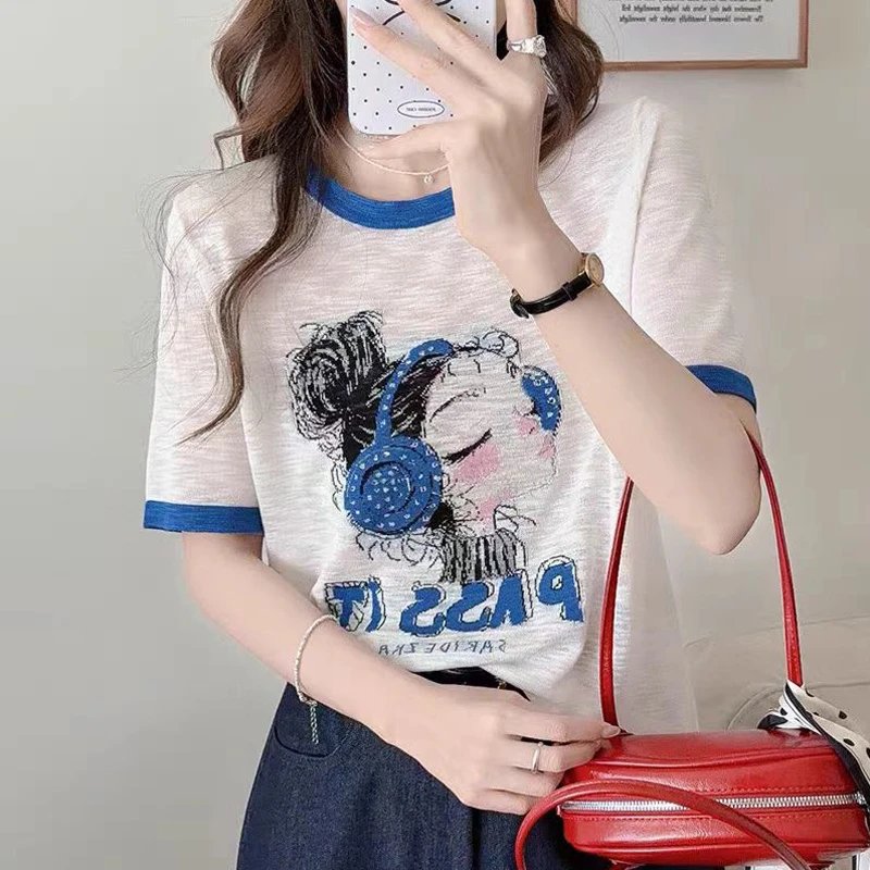 竹节麻提花刺绣短袖针织打底衫女夏季薄款圆领时尚拼色冰丝t恤