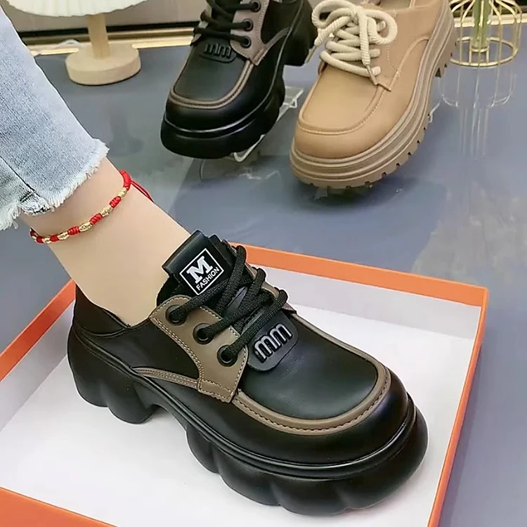 百搭厚底小皮鞋女2025春季新款松糕底圆头增高乐福鞋女单鞋防滑