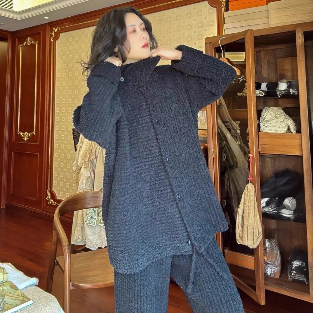 黑色连帽半边绒秋冬季加厚保暖可外穿宽松针织睡衣家居服套装