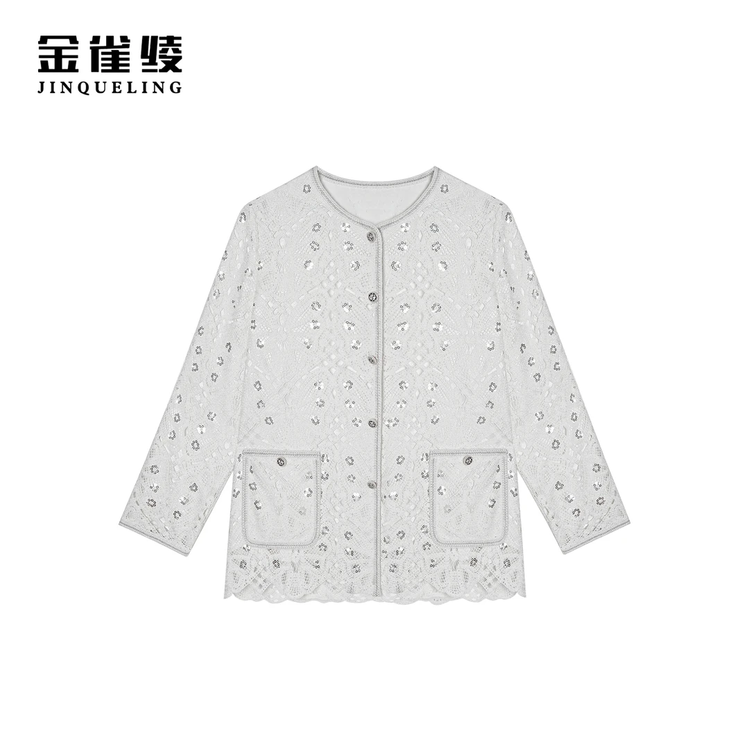 金雀绫【山茶白羽】法式小香风设计师亮片镂空工艺款外套SZA1T025