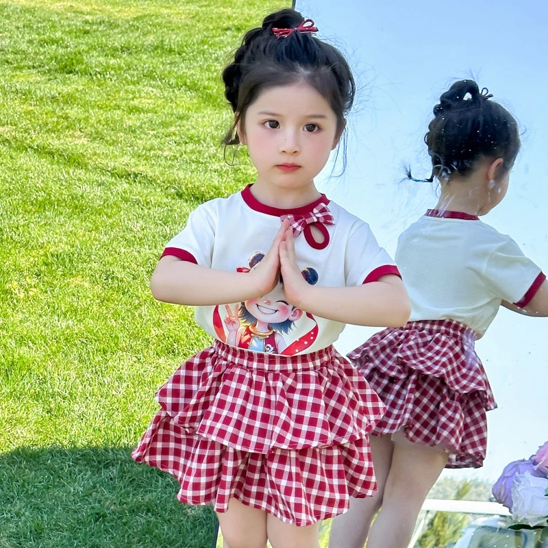 女童夏季哪吒套装2025新款儿童洋气格子短裙两件套小女孩夏款衣服