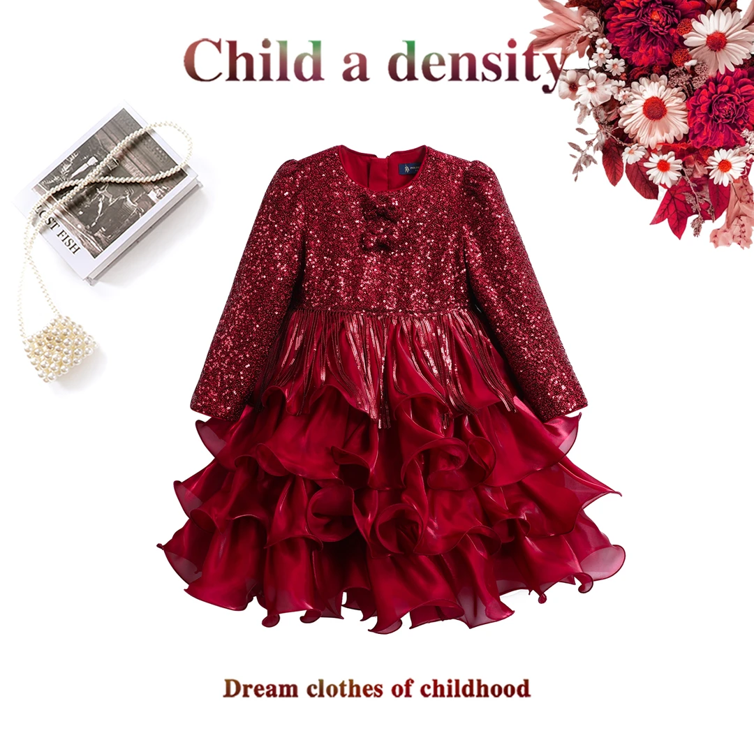 童一密度女童2025冬季加绒亮片花瓣连衣裙拜年礼服裙联名款A707