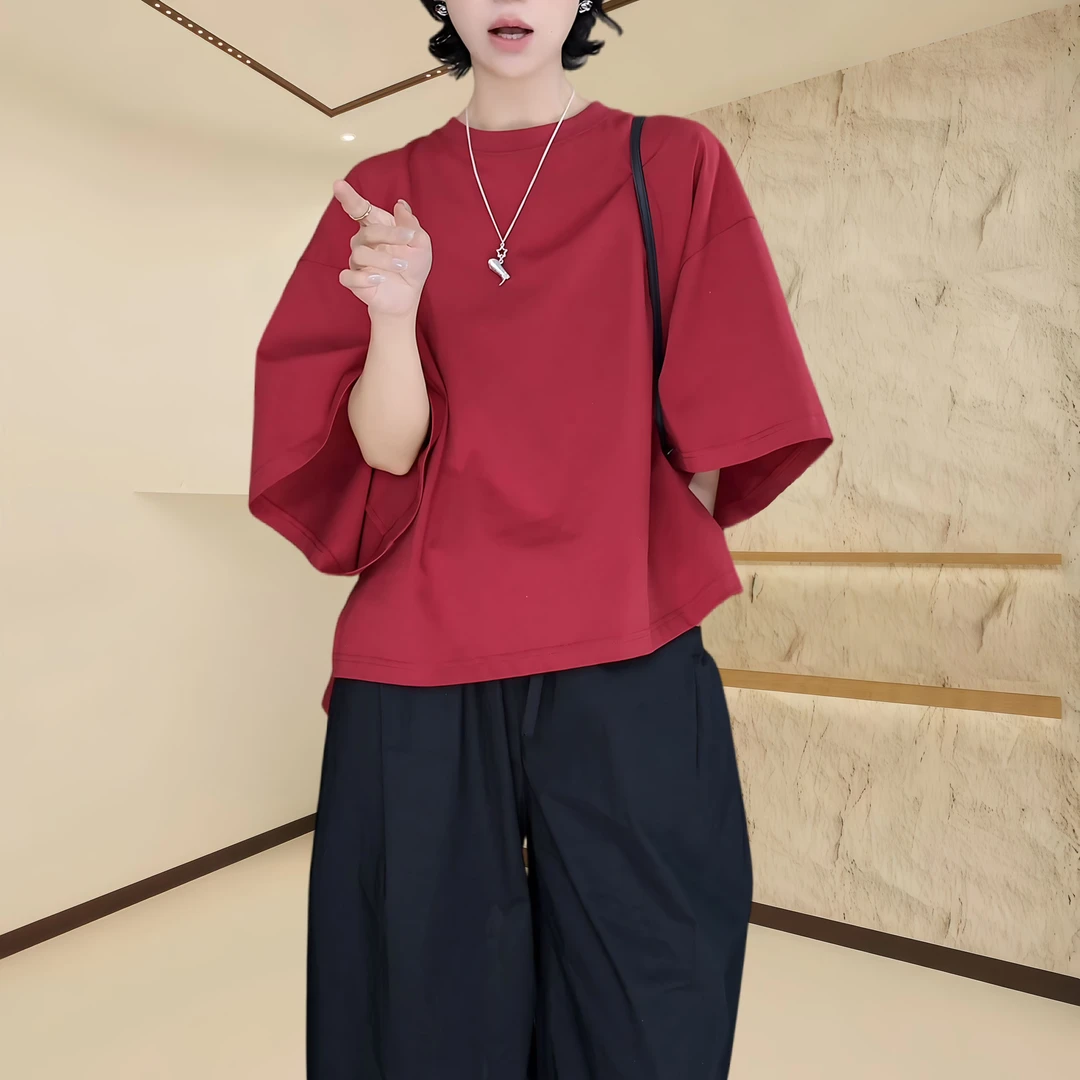 2025夏季新款设计感慵懒大码T恤女装t恤遮肚显瘦红色短袖上衣女