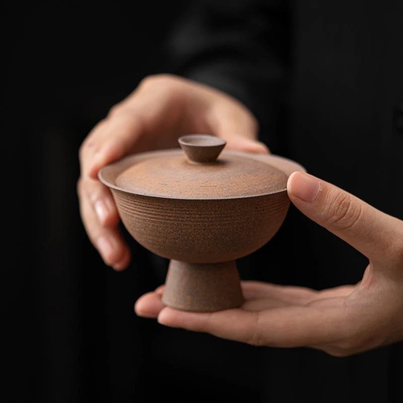 手捏岩泥粗陶高足盖碗中式仿古手工功夫茶具泡茶碗家用防烫小茶碗