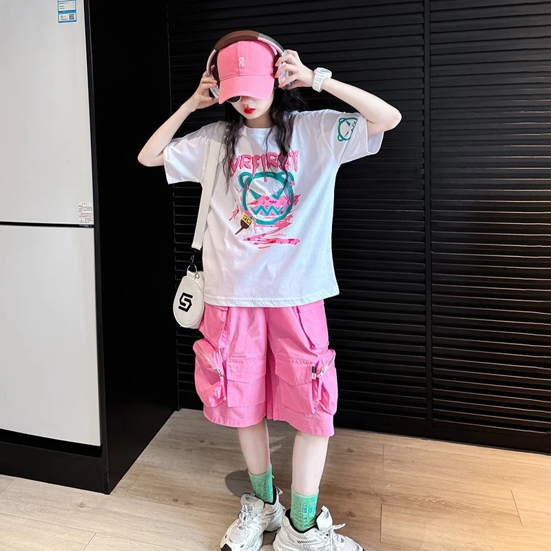 女童速干短裤外穿夏薄款2025新款儿童工装中裤女孩大童巨好看套装