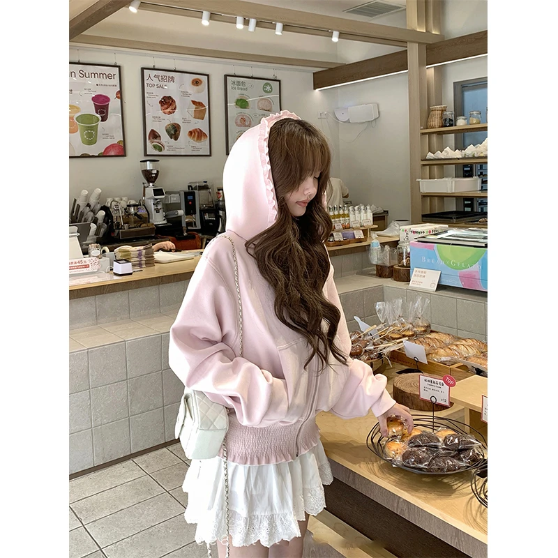 韩系甜美粉色连帽卫衣女春秋新款法式设计感开衫百搭宽松外套ins