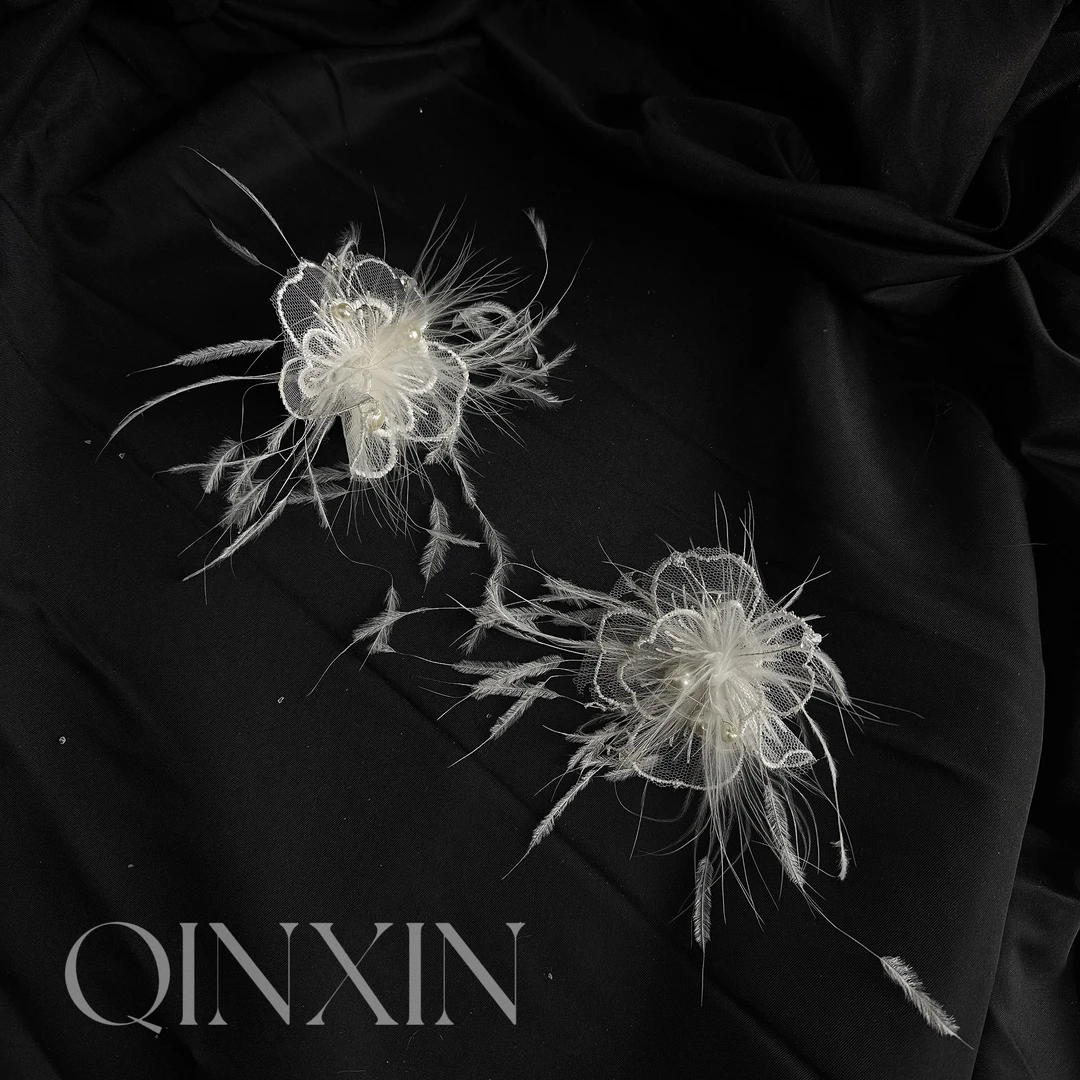 合金布艺耳饰 沁心新款手工纱艺花朵羽毛白色耳夹新娘耳饰