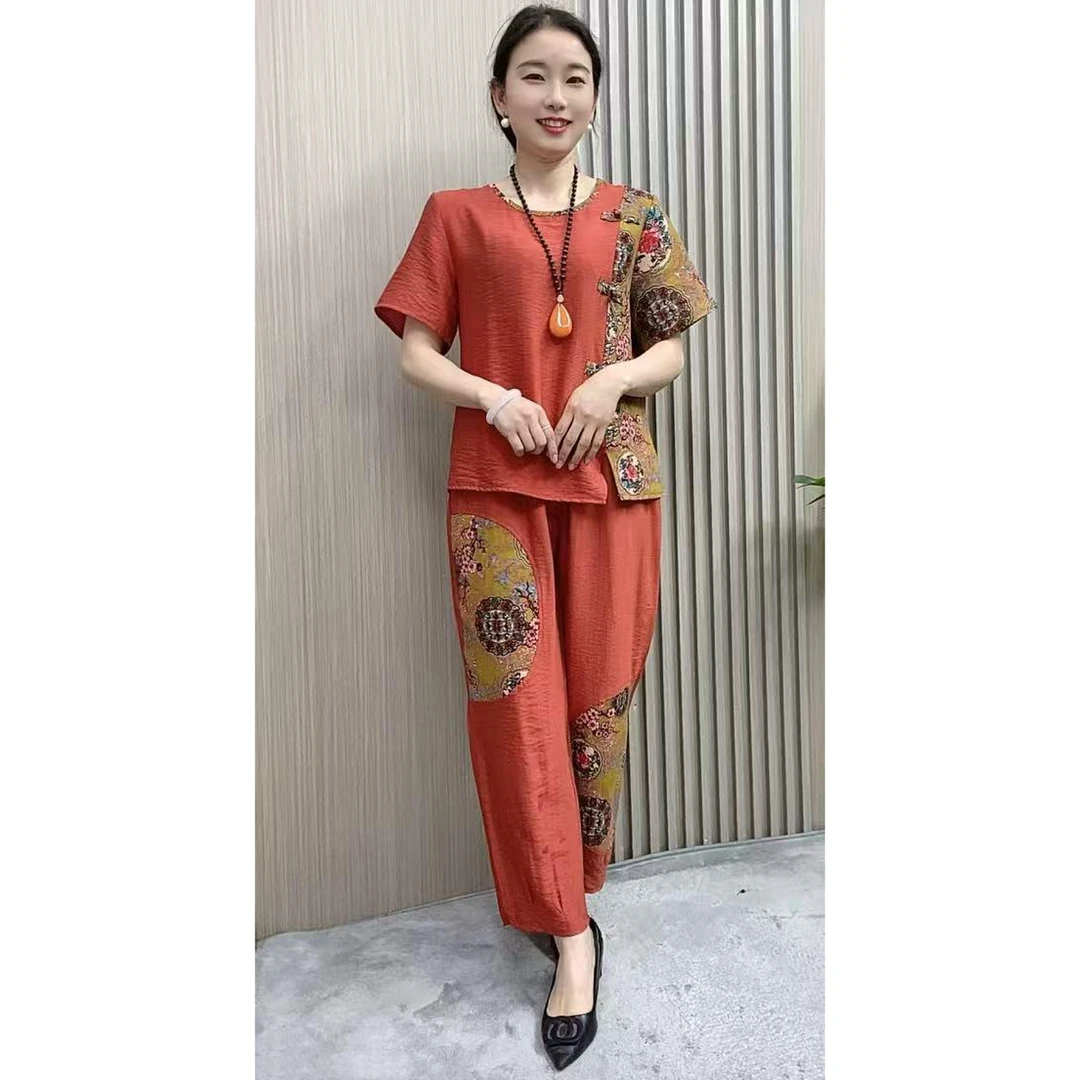 妈妈夏装冰丝绵绸套装女宽松大码中老年人女装复古拼色短袖两件套