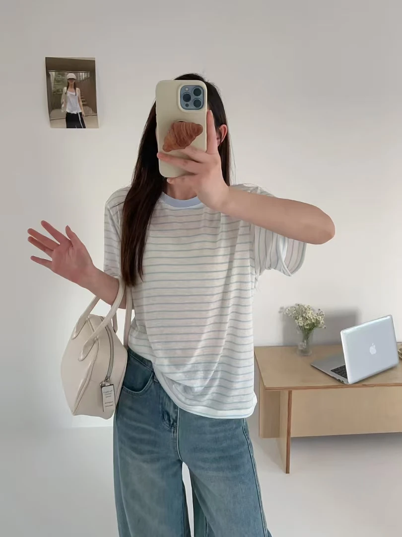 2025夏季新款天丝雪花棉休闲百搭薄款透气时尚宽松条纹短袖T恤女