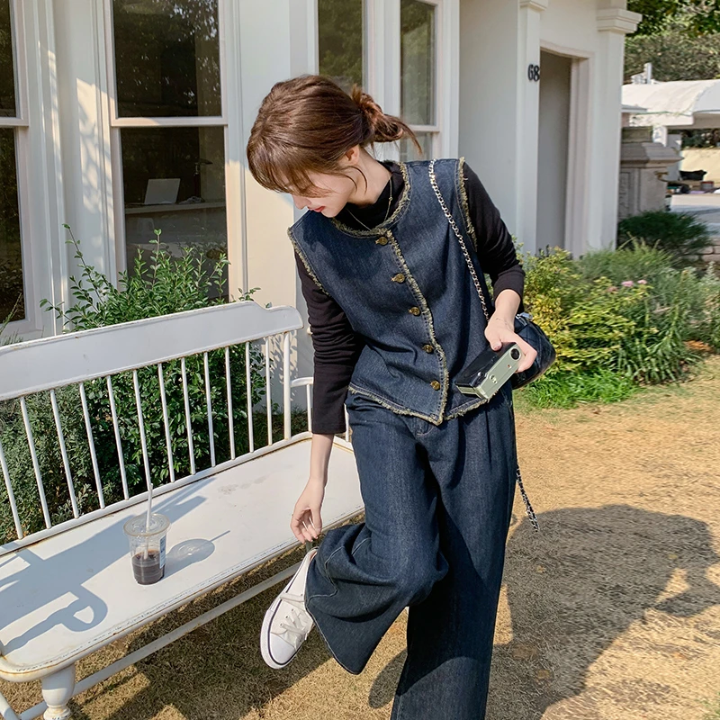 港味复古牛仔三件套女2025春季新款设计感马甲打底衫阔腿裤套装