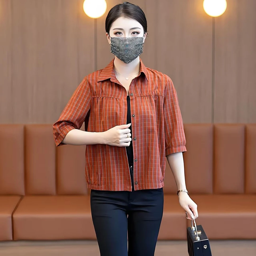 中年女士宽松衬衫妈妈装夏季新款休闲中袖薄外套减龄上衣洋气小衫