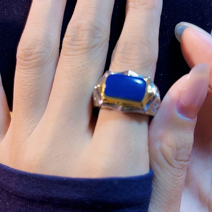 蓝珀银S925镶嵌珠宝奇石多米尼加蓝珀戒指