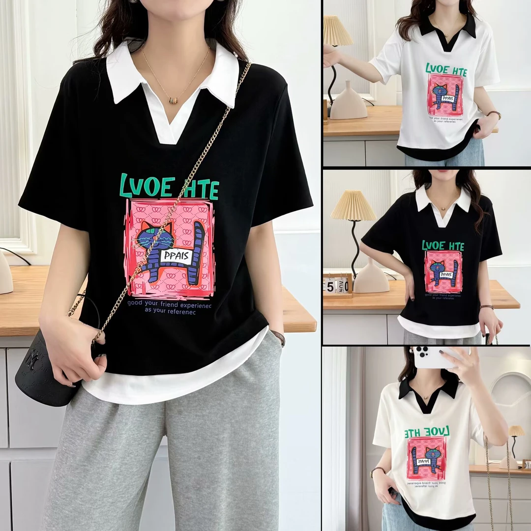 HUIZHIMEI/绘智美大码休闲百搭撞色假两件POLO领印花猫咪短袖t恤