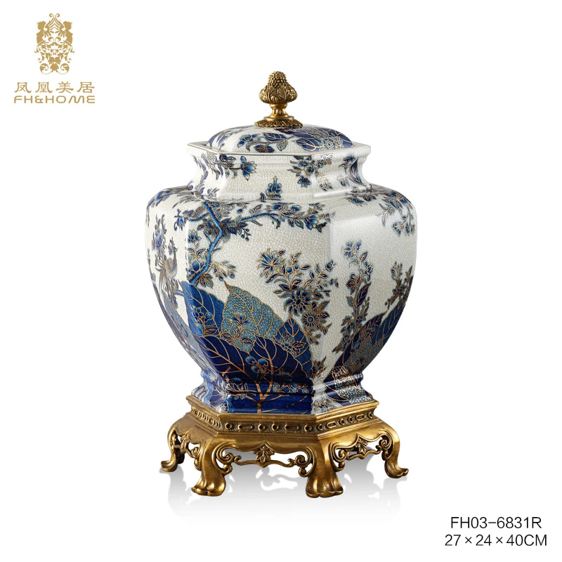 FH&HOME/凤凰美居奢华手绘描金工艺铜配瓷摆件盖坛