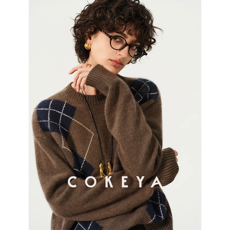 COKEYA/纽约美术馆~菱格嵌花羊绒圆领长袖套头毛衣针织衫上衣女冬