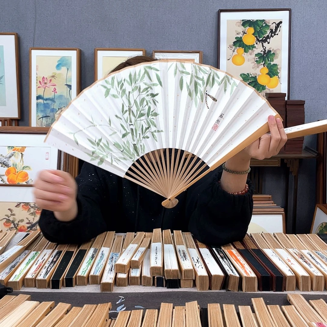 国画95寸玉竹-纯手绘-文玩扇骨（默认粘好）双面绿竹