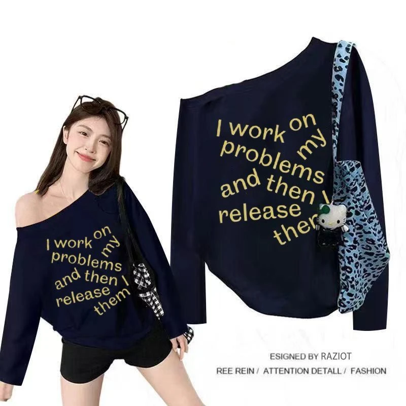 【ZHAP】斜领露肩时尚宽松长袖女紫色斜肩通勤休闲盐系欧美风宽松潮