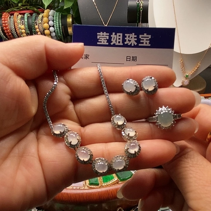 银S925镶嵌翡翠耳饰3*6白冰蛋面耳钉戒指项链