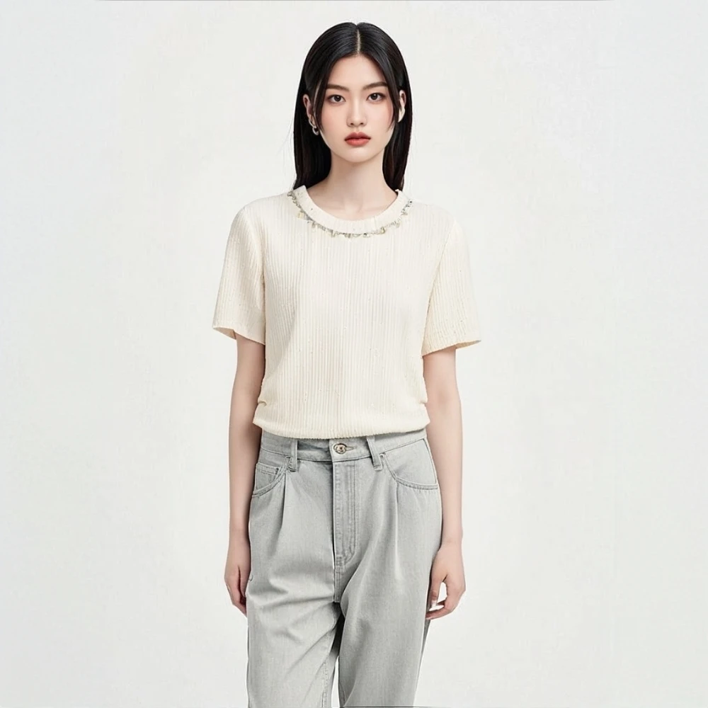 显瘦设计感小众上衣潮夏季薄款胖MM大码女装重工镶钻圆领短袖T恤